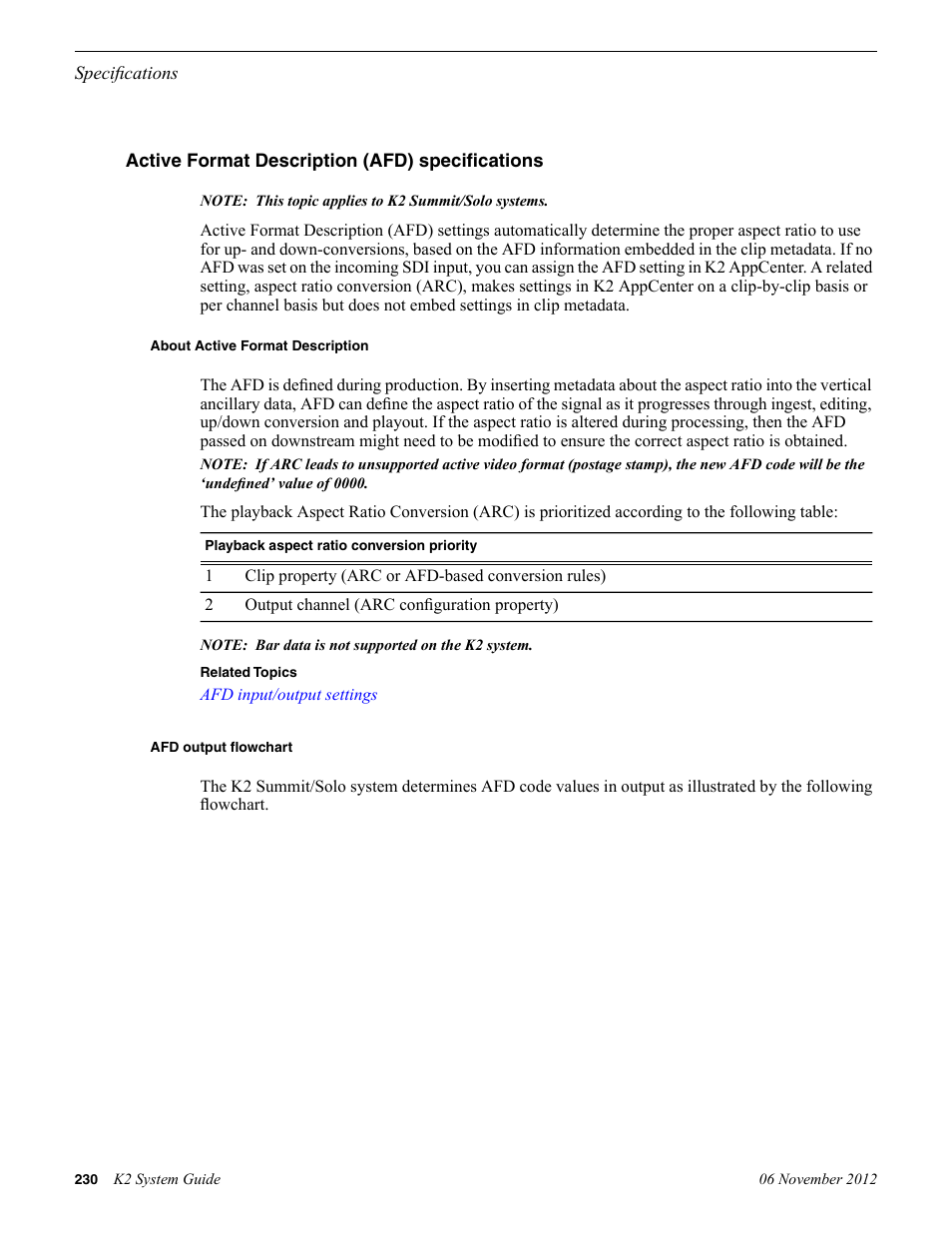 Active format description (afd) specifications, About active format description, Afd output flowchart | Grass Valley K2 System Guide v.9.0 User Manual | Page 230 / 284