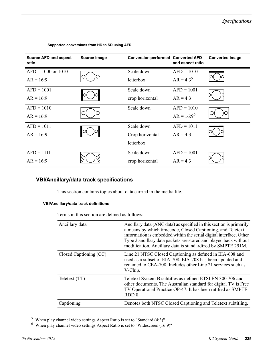 Supported conversions from hd to sd using afd, Vbi/ancillary/data track specifications, Vbi/ancillary/data track definitions | Grass Valley K2 System Guide v.9.0 User Manual | Page 235 / 284