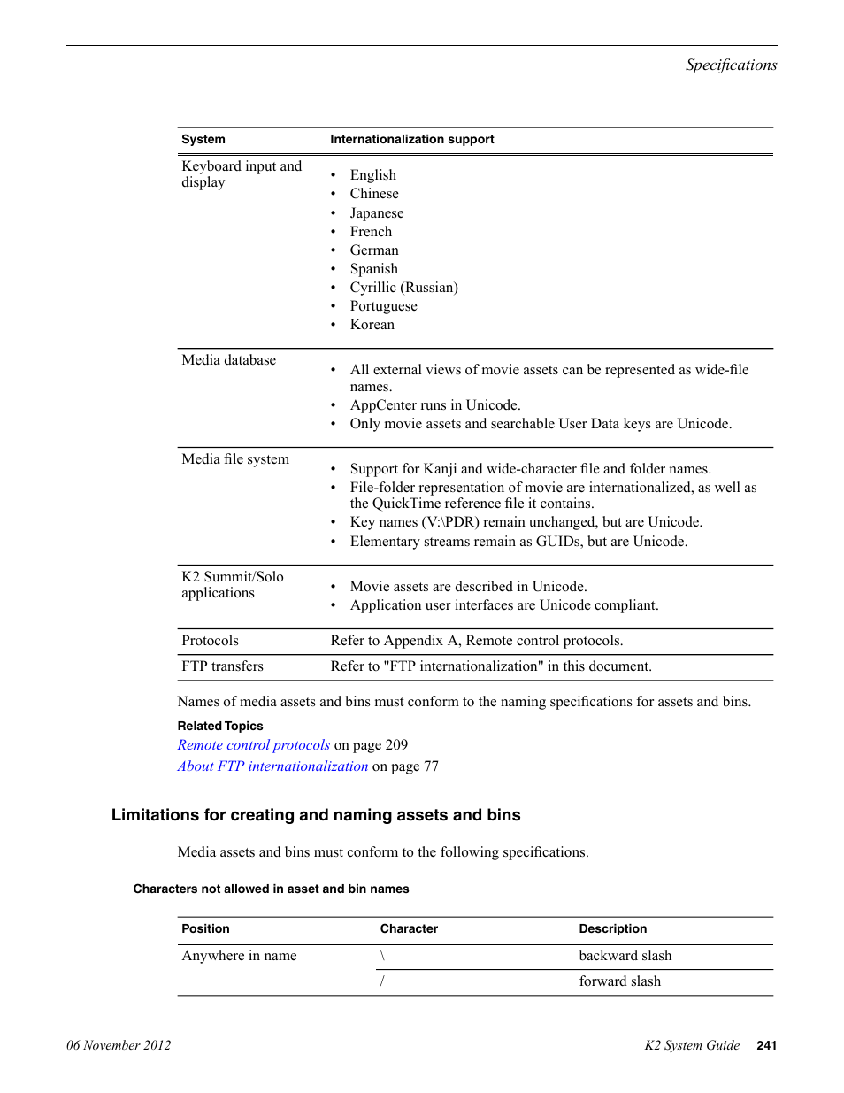 Characters not allowed in asset and bin names | Grass Valley K2 System Guide v.9.0 User Manual | Page 241 / 284