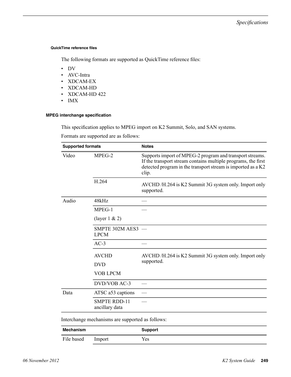 Quicktime reference files, Mpeg interchange specification | Grass Valley K2 System Guide v.9.0 User Manual | Page 249 / 284