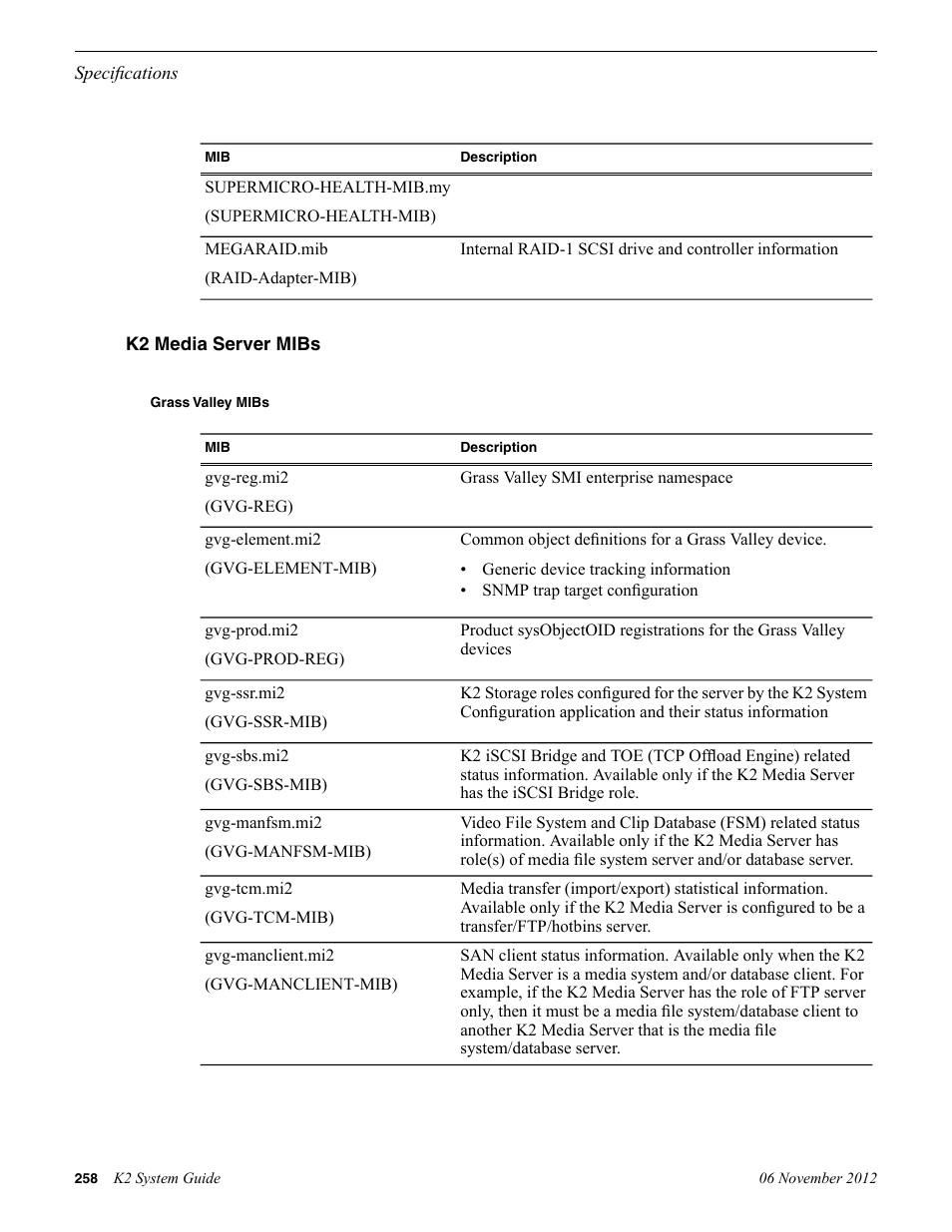 K2 media server mibs, Grass valley mibs | Grass Valley K2 System Guide v.9.0 User Manual | Page 258 / 284