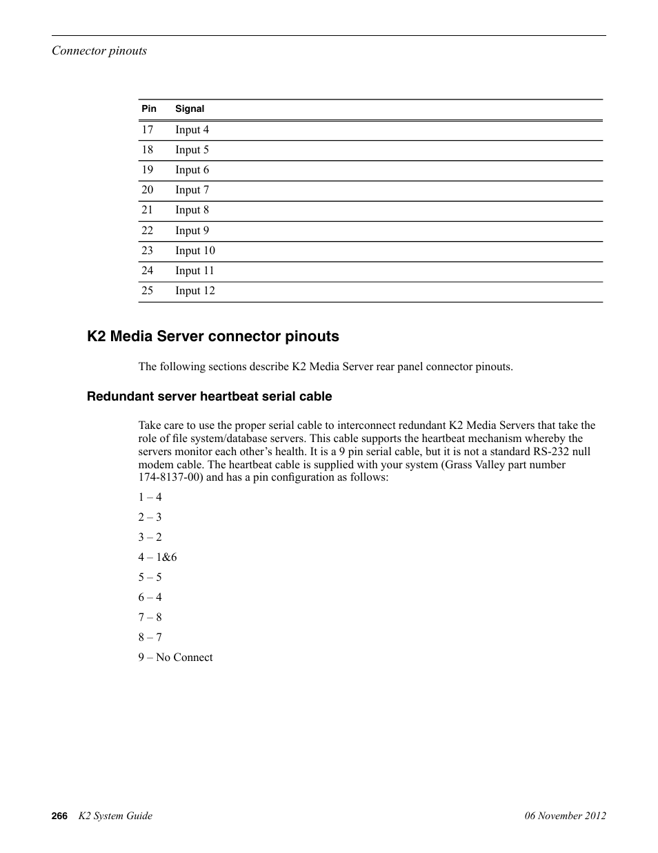 K2 media server connector pinouts, Redundant server heartbeat serial cable | Grass Valley K2 System Guide v.9.0 User Manual | Page 266 / 284