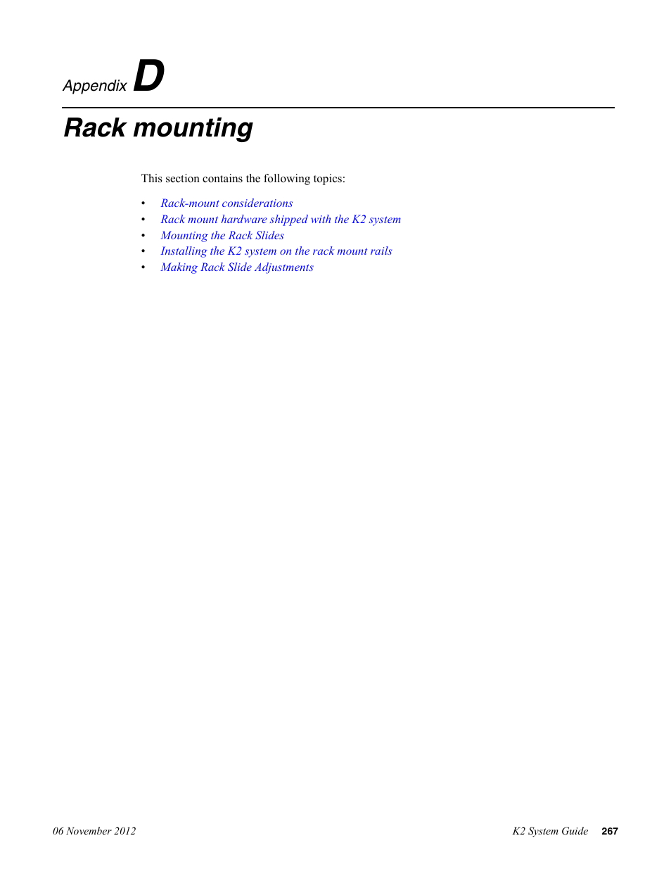 Rack mounting, Appendix d: rack mounting | Grass Valley K2 System Guide v.9.0 User Manual | Page 267 / 284