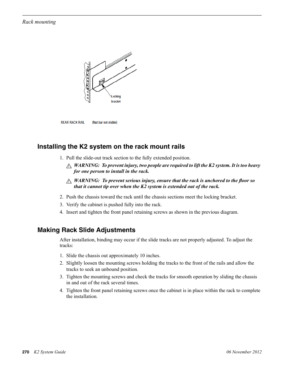 Installing the k2 system on the rack mount rails, Making rack slide adjustments | Grass Valley K2 System Guide v.9.0 User Manual | Page 270 / 284