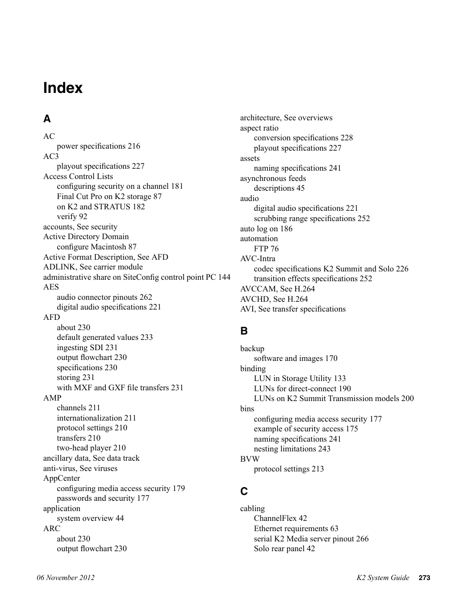 Index | Grass Valley K2 System Guide v.9.0 User Manual | Page 273 / 284