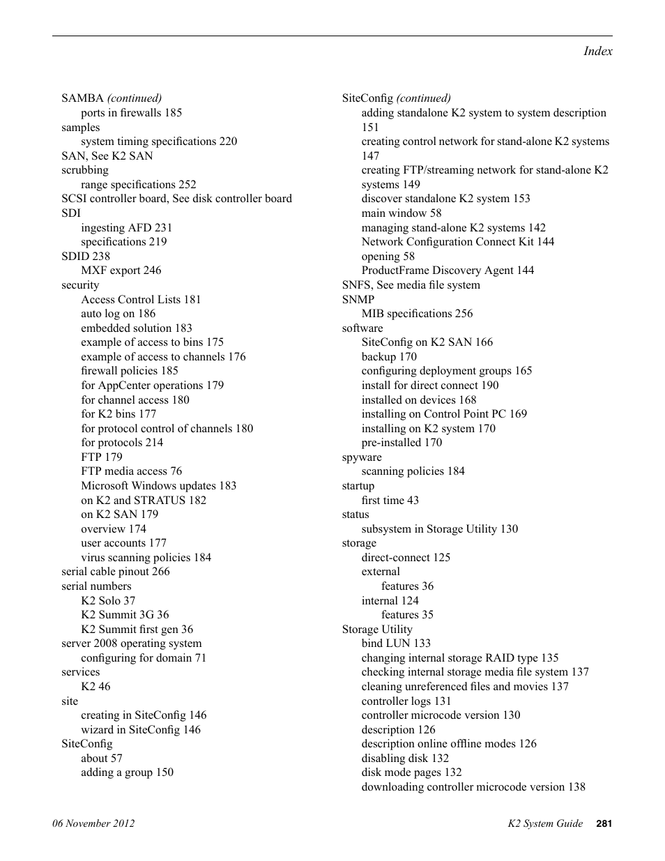 Security, Storage, Snmp | Siteconfig | Grass Valley K2 System Guide v.9.0 User Manual | Page 281 / 284