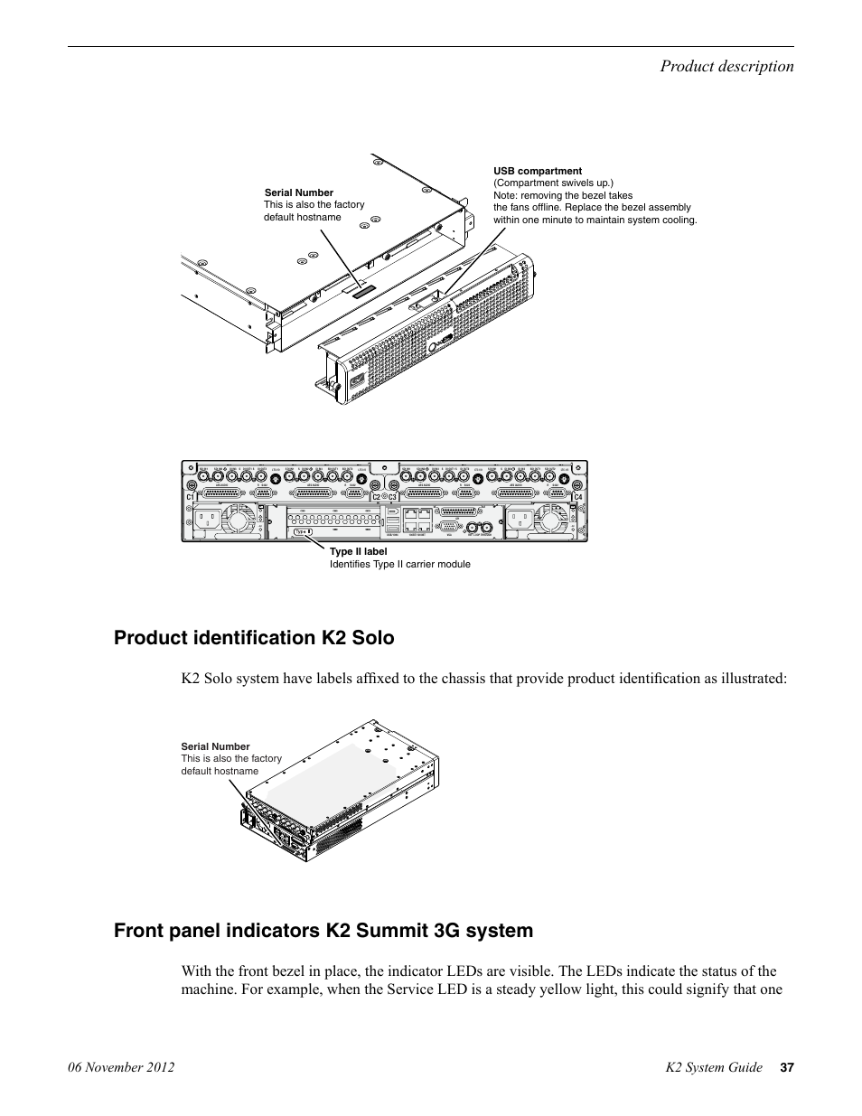 Product identification k2 solo, Front panel indicators k2 summit 3g system, Product description | Type ii label identifies type ii carrier module | Grass Valley K2 System Guide v.9.0 User Manual | Page 37 / 284