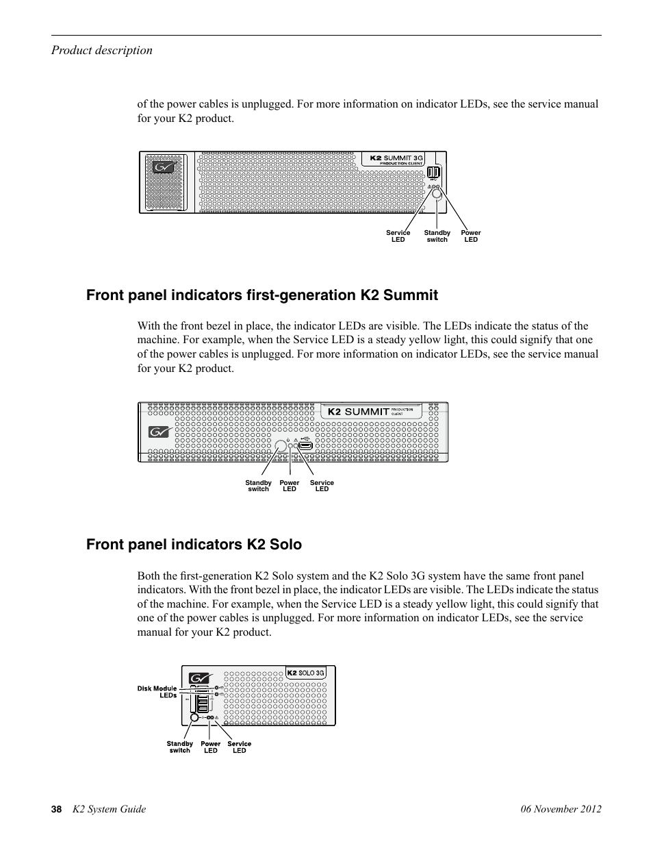 Front panel indicators first-generation k2 summit, Front panel indicators k2 solo, Product description | Grass Valley K2 System Guide v.9.0 User Manual | Page 38 / 284