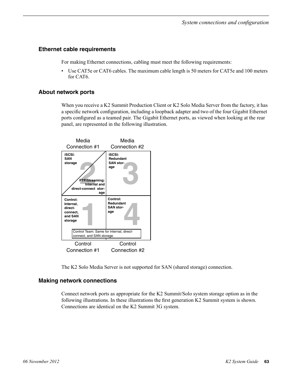 Ethernet cable requirements, About network ports, Making network connections | Grass Valley K2 System Guide v.9.0 User Manual | Page 63 / 284