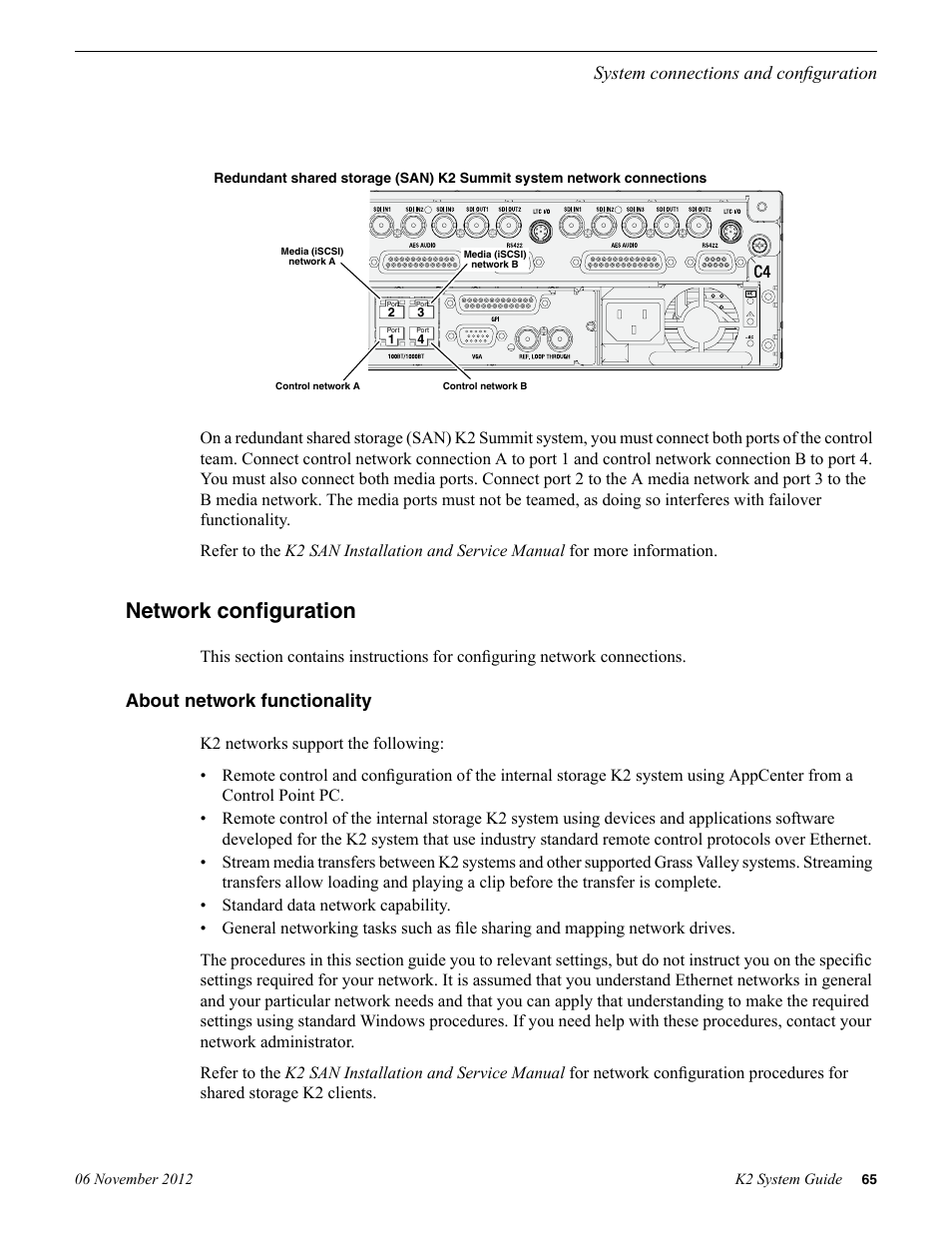 Network configuration, About network functionality, System connections and configuration | Grass Valley K2 System Guide v.9.0 User Manual | Page 65 / 284