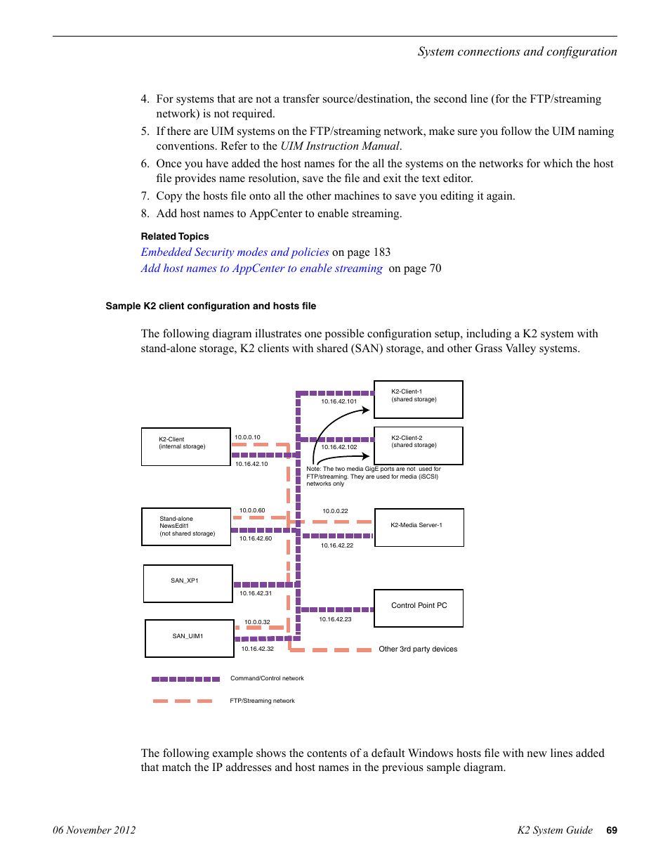 Sample k2 client configuration and hosts file, System connections and configuration | Grass Valley K2 System Guide v.9.0 User Manual | Page 69 / 284