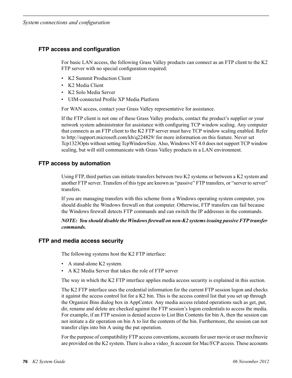 Ftp access and configuration, Ftp access by automation, Ftp and media access security | Grass Valley K2 System Guide v.9.0 User Manual | Page 76 / 284