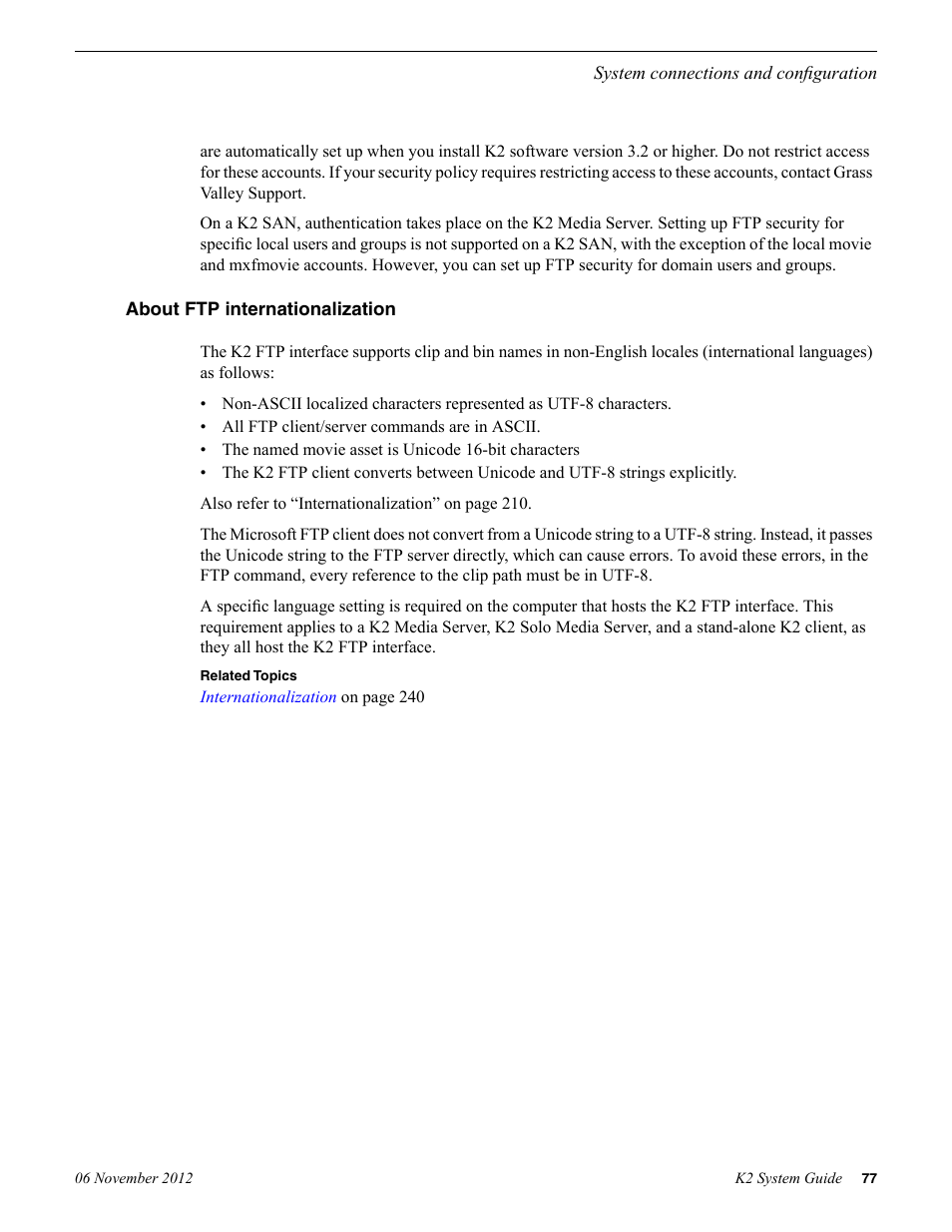About ftp internationalization | Grass Valley K2 System Guide v.9.0 User Manual | Page 77 / 284