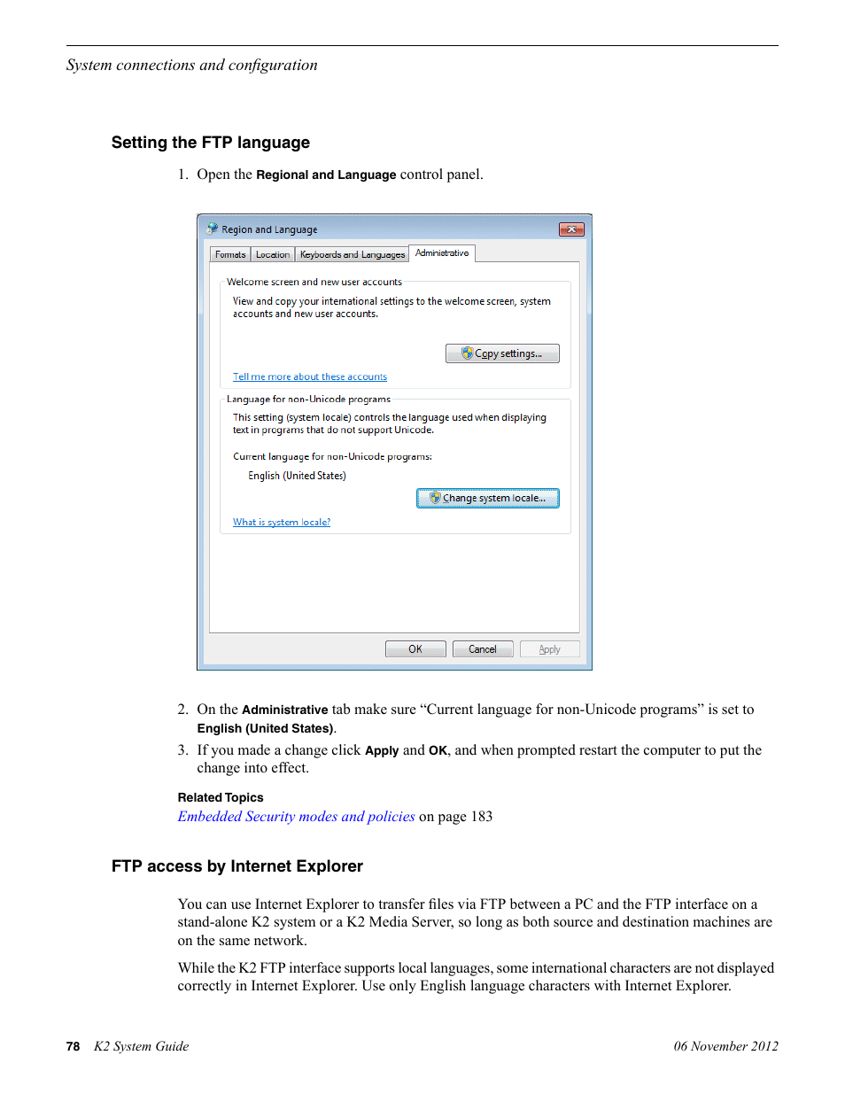 Setting the ftp language, Ftp access by internet explorer | Grass Valley K2 System Guide v.9.0 User Manual | Page 78 / 284