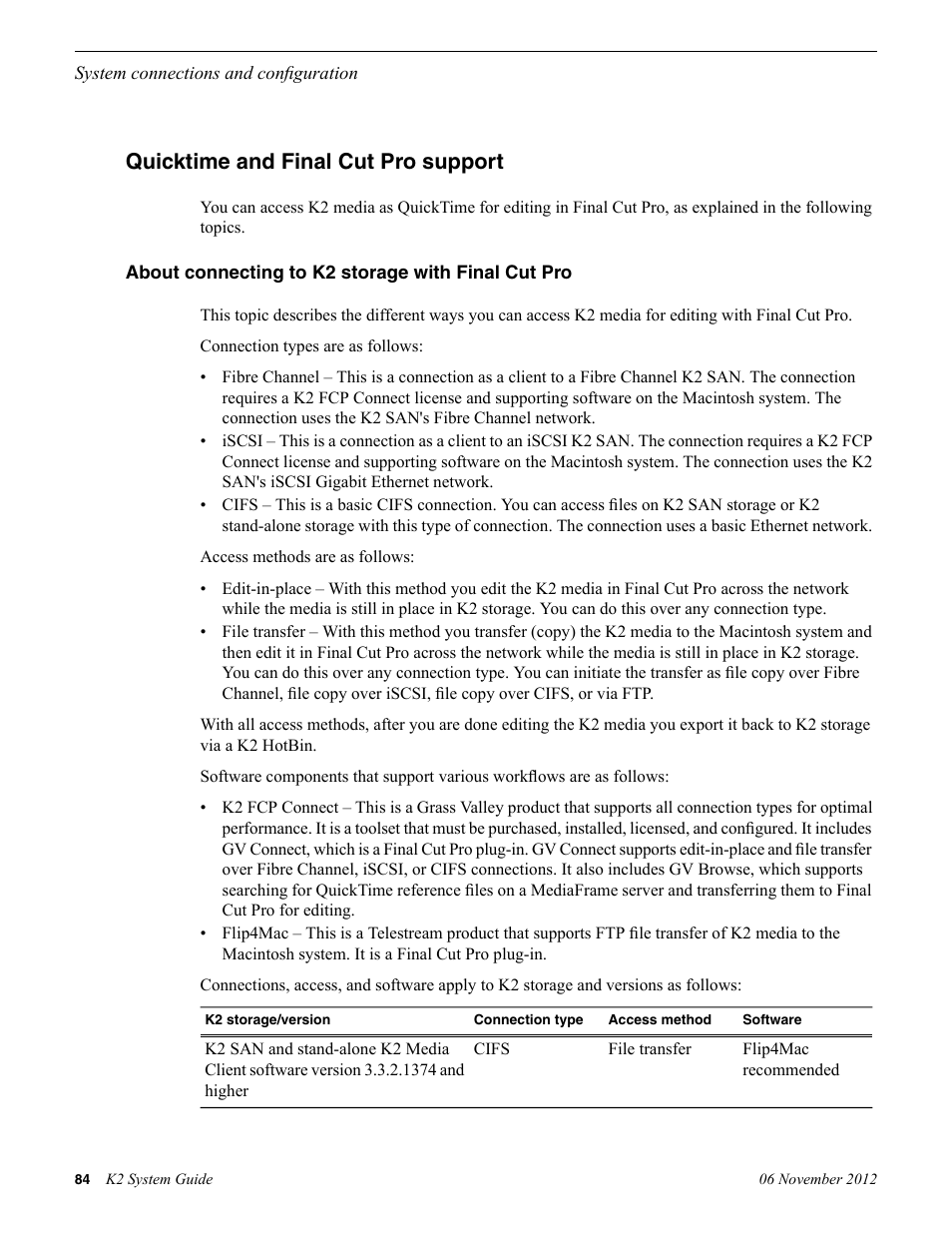 Quicktime and final cut pro support, About connecting to k2 storage with final cut pro | Grass Valley K2 System Guide v.9.0 User Manual | Page 84 / 284