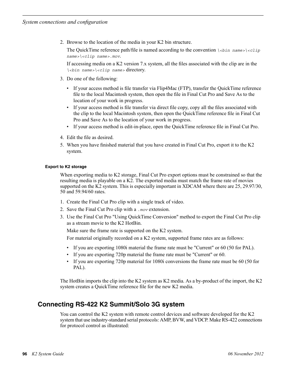 Connecting rs-422 k2 summit/solo 3g system | Grass Valley K2 System Guide v.9.0 User Manual | Page 96 / 284