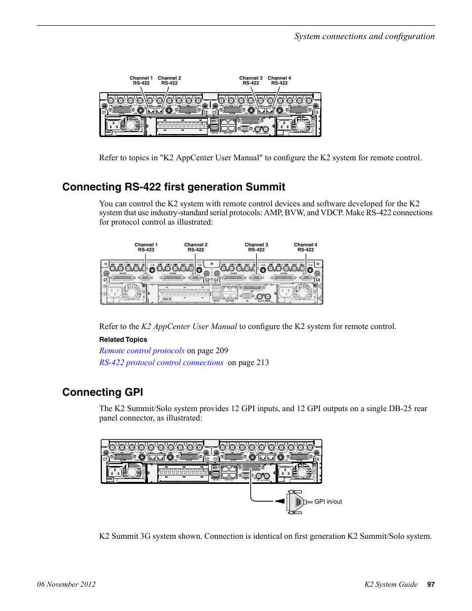 Connecting rs-422 first generation summit, Connecting gpi, System connections and configuration | Related topics | Grass Valley K2 System Guide v.9.0 User Manual | Page 97 / 284