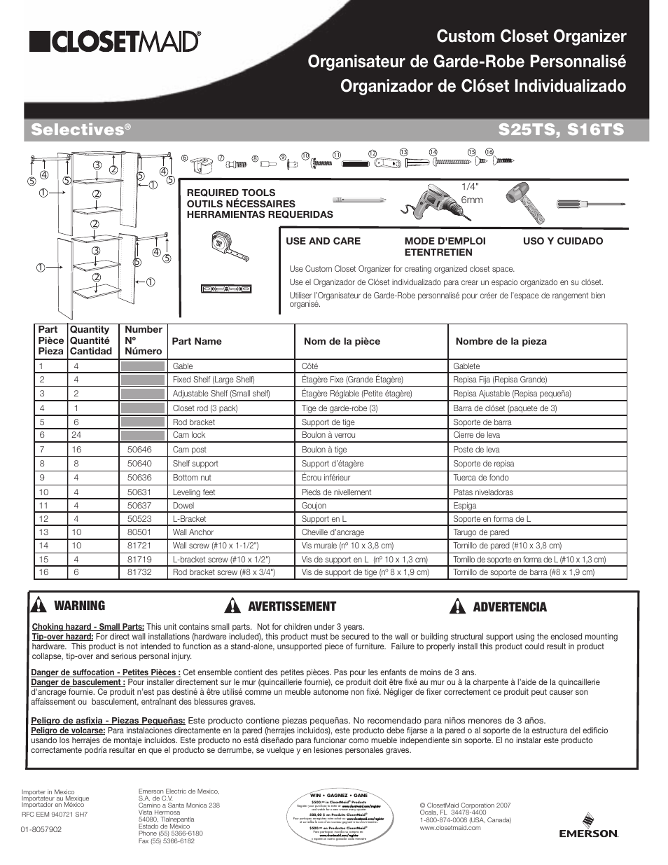 Closet Maid Custom Closet Organizer S16TS User Manual | 4 pages