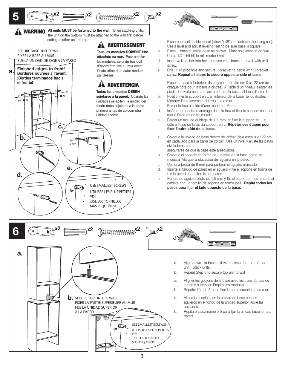 A. b. c. d. e, Warning, Avertissement advertencia 3 | Closet Maid Custom Closet Organizer S16TS User Manual | Page 3 / 4