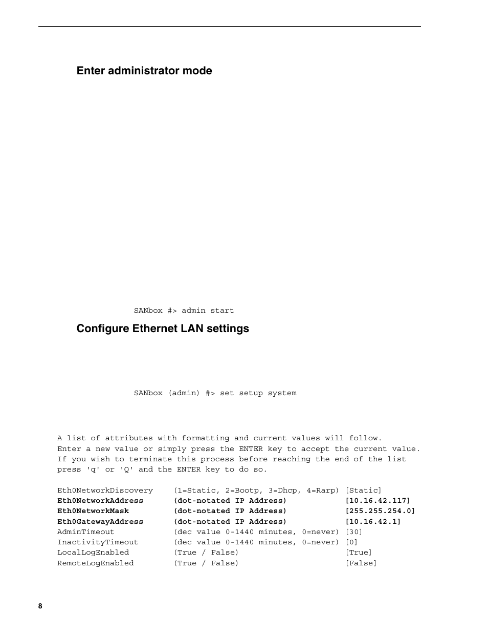Enter administrator mode, Configure ethernet lan settings | Grass Valley Fibre Channel Switch User Manual | Page 8 / 16