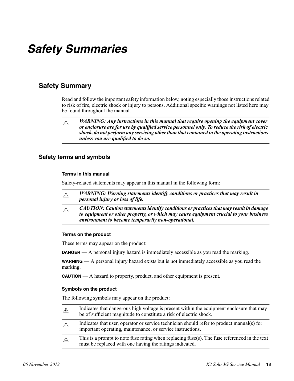 Safety summaries, Safety terms and symbols, Safety summary | Grass Valley K2 Solo 3G Client Service Manual v.9.0 User Manual | Page 13 / 112