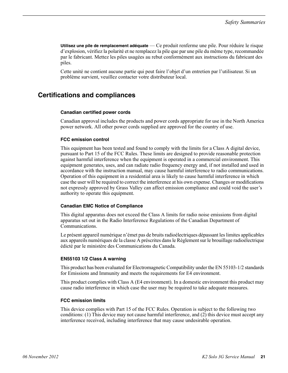 Certifications and compliances | Grass Valley K2 Solo 3G Client Service Manual v.9.0 User Manual | Page 21 / 112