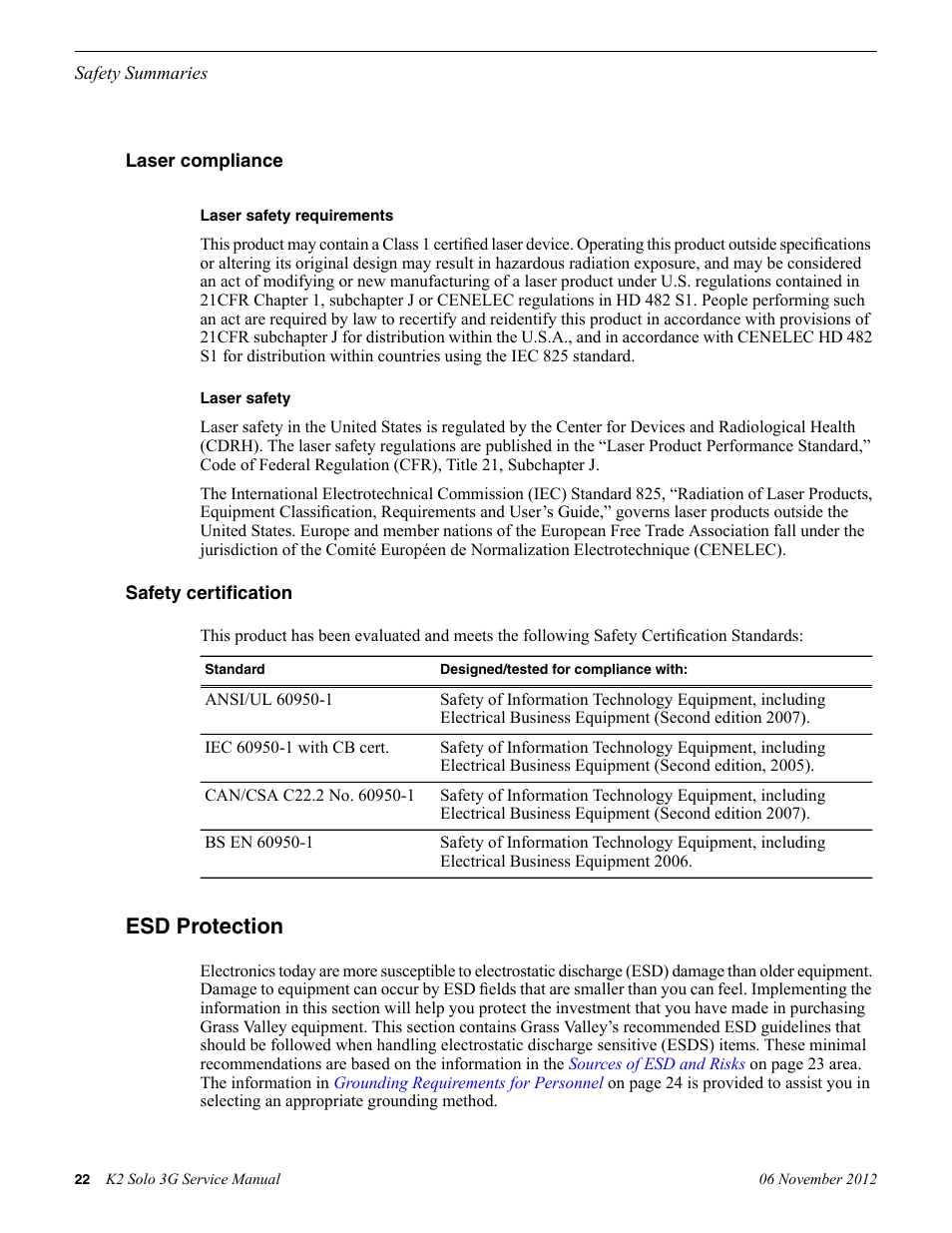 Laser compliance, Safety certification, Esd protection | Grass Valley K2 Solo 3G Client Service Manual v.9.0 User Manual | Page 22 / 112