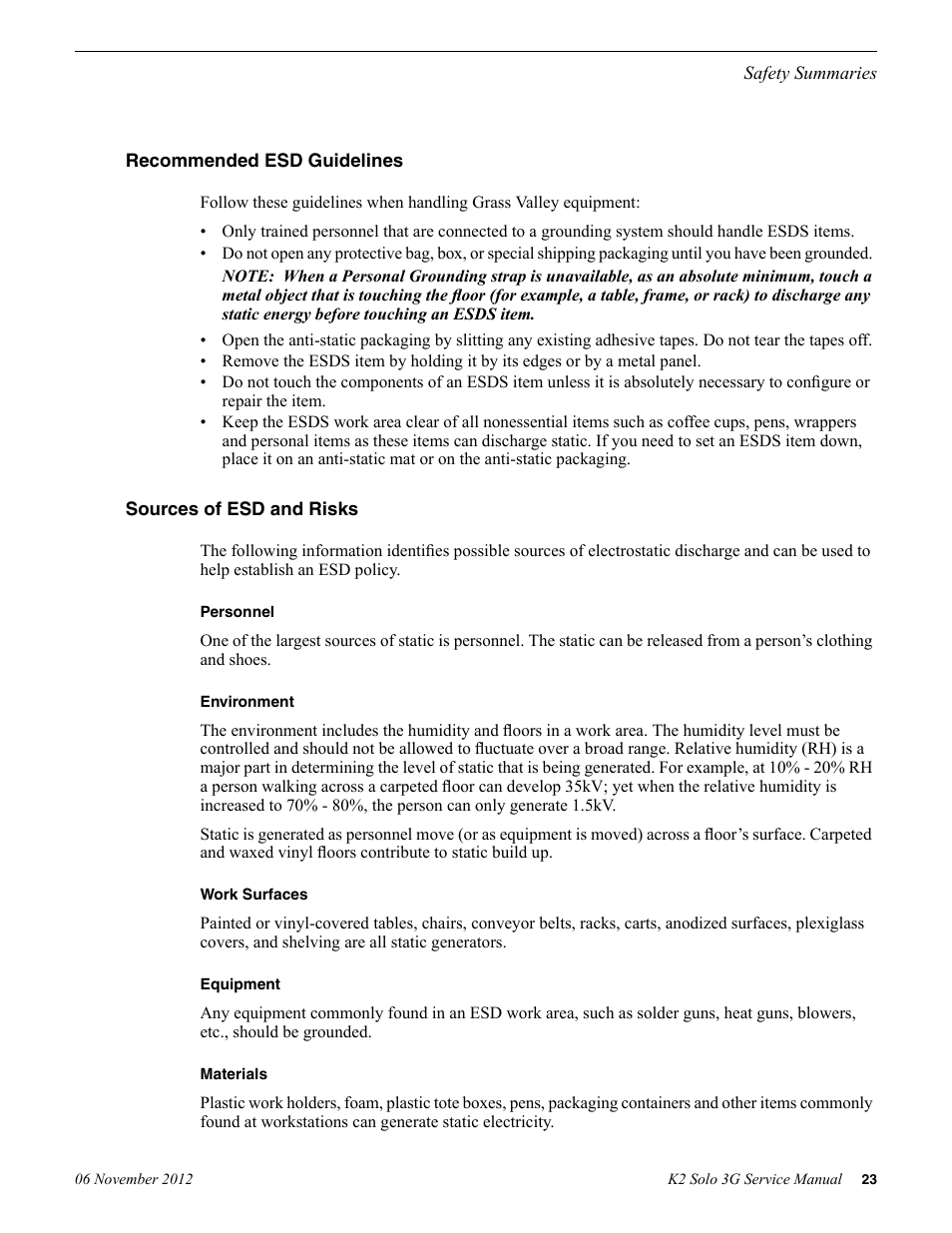 Recommended esd guidelines, Sources of esd and risks | Grass Valley K2 Solo 3G Client Service Manual v.9.0 User Manual | Page 23 / 112
