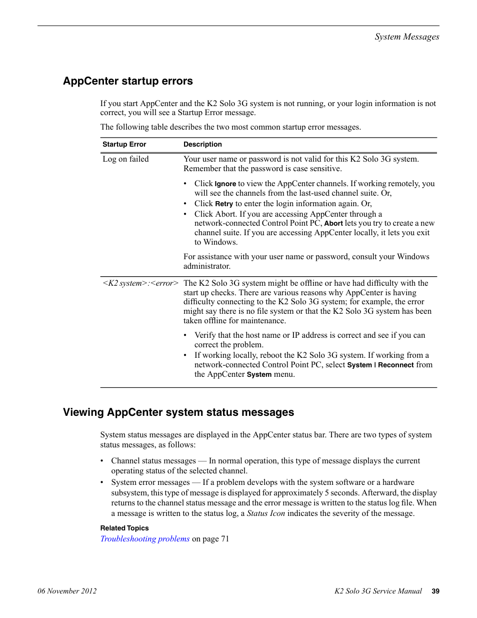 Appcenter startup errors, Viewing appcenter system status messages | Grass Valley K2 Solo 3G Client Service Manual v.9.0 User Manual | Page 39 / 112