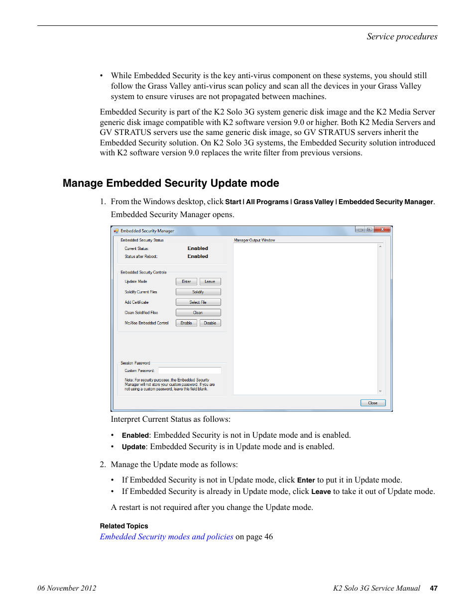Manage embedded security update mode | Grass Valley K2 Solo 3G Client Service Manual v.9.0 User Manual | Page 47 / 112