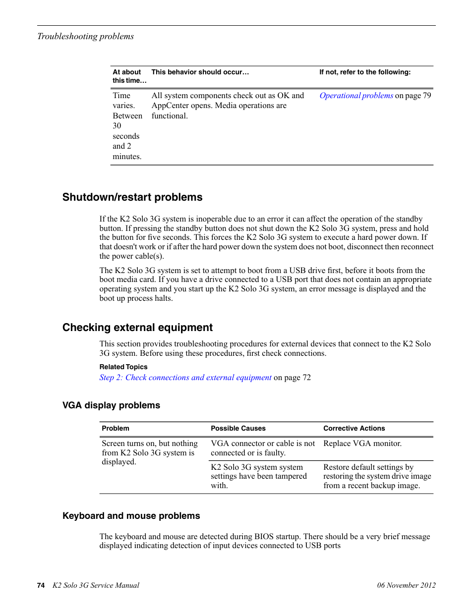 Shutdown/restart problems, Checking external equipment, Vga display problems | Keyboard and mouse problems, Vga display problems keyboard and mouse problems | Grass Valley K2 Solo 3G Client Service Manual v.9.0 User Manual | Page 74 / 112