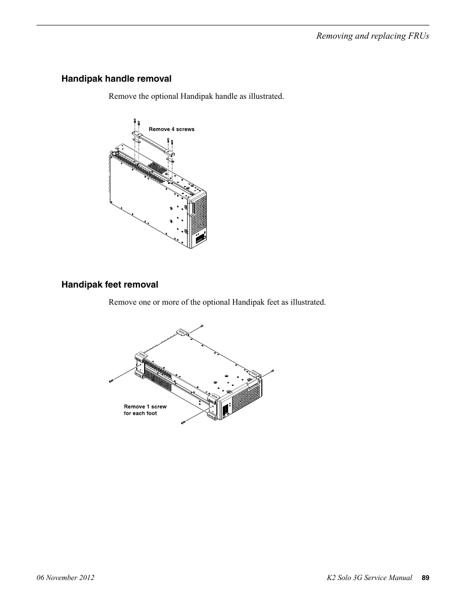 Handipak handle removal, Handipak feet removal, Handipak handle removal handipak feet removal | Grass Valley K2 Solo 3G Client Service Manual v.9.0 User Manual | Page 89 / 112