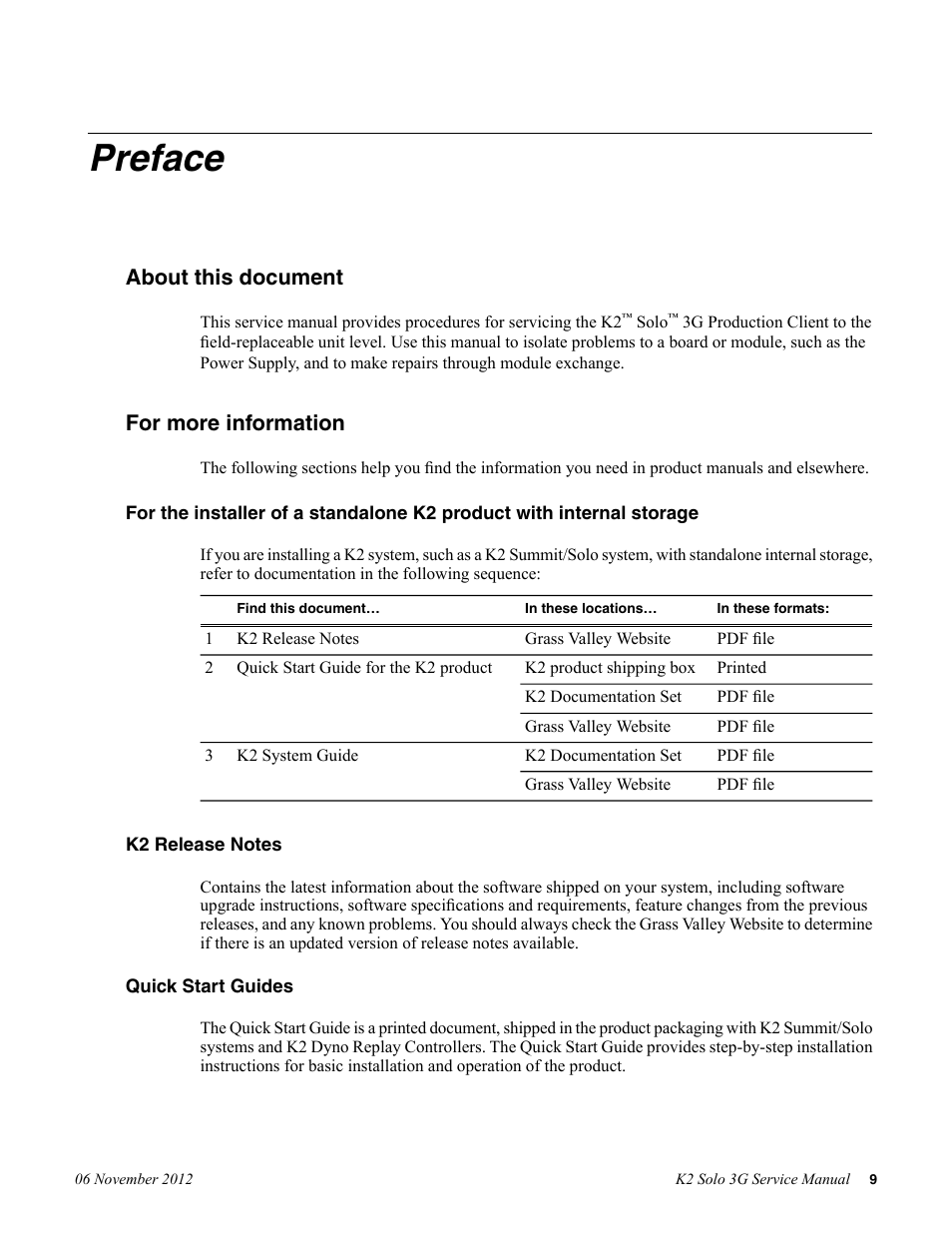 Preface, About this document, For more information | Grass Valley K2 Solo 3G Client Service Manual v.9.0 User Manual | Page 9 / 112