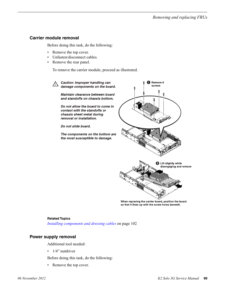 Carrier module removal, Power supply removal, Carrier module removal power supply removal | Grass Valley K2 Solo 3G Client Service Manual v.9.0 User Manual | Page 99 / 112