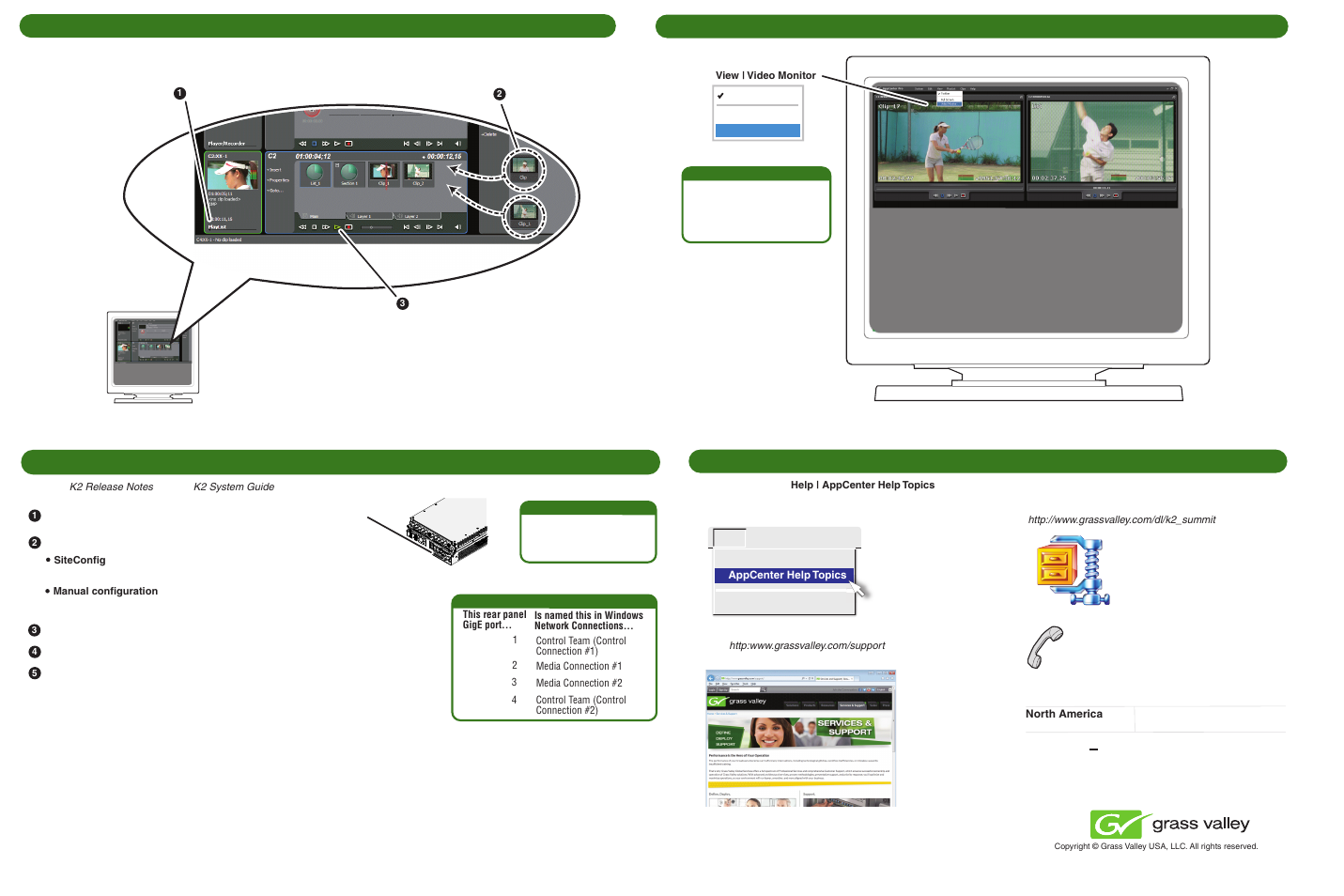 For more information, Create a playlist 6. monitor, Configure network, if desired | Grass Valley K2 Solo 3G Media Server Quick Start v9.0 Feb.12 2014 User Manual | Page 2 / 2