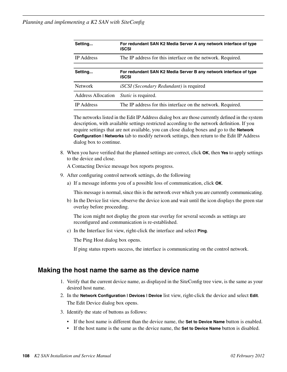 Making the host name the same as the device name | Grass Valley K2 (Summit 3G) 10Gv2 Storage Area Network Installation v.8.1 User Manual | Page 108 / 366