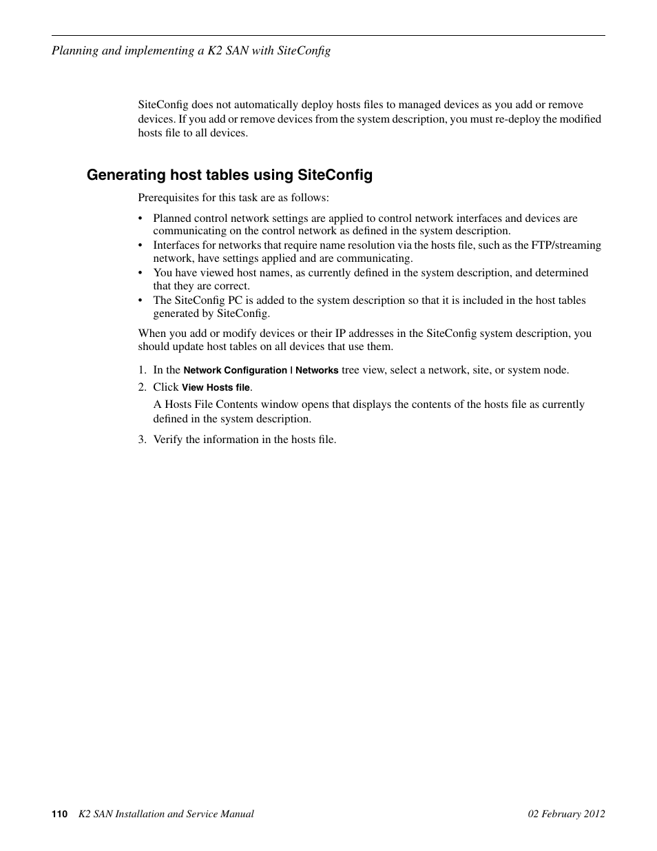 Generating host tables using siteconfig | Grass Valley K2 (Summit 3G) 10Gv2 Storage Area Network Installation v.8.1 User Manual | Page 110 / 366