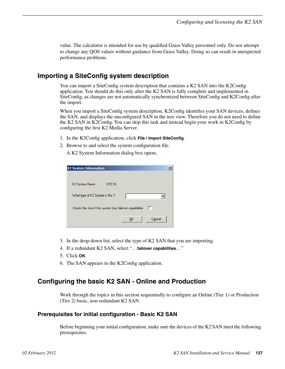 Importing a siteconfig system description | Grass Valley K2 (Summit 3G) 10Gv2 Storage Area Network Installation v.8.1 User Manual | Page 127 / 366
