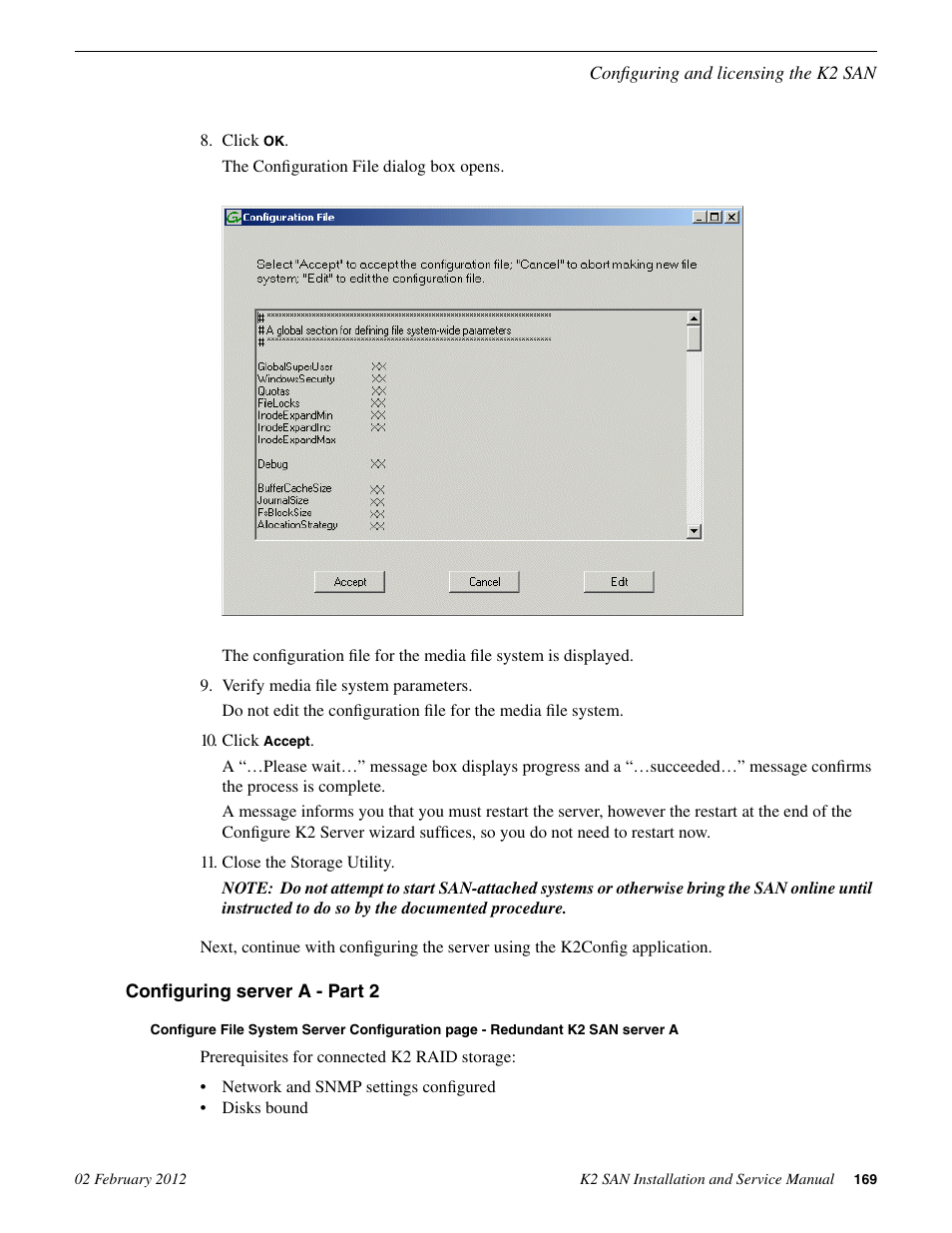 Configuring server a - part 2 | Grass Valley K2 (Summit 3G) 10Gv2 Storage Area Network Installation v.8.1 User Manual | Page 169 / 366