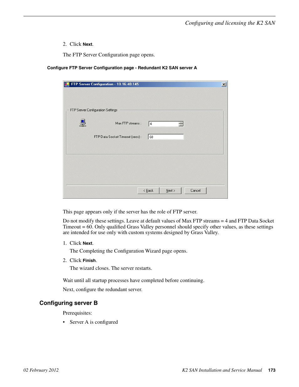Configuring server b | Grass Valley K2 (Summit 3G) 10Gv2 Storage Area Network Installation v.8.1 User Manual | Page 173 / 366