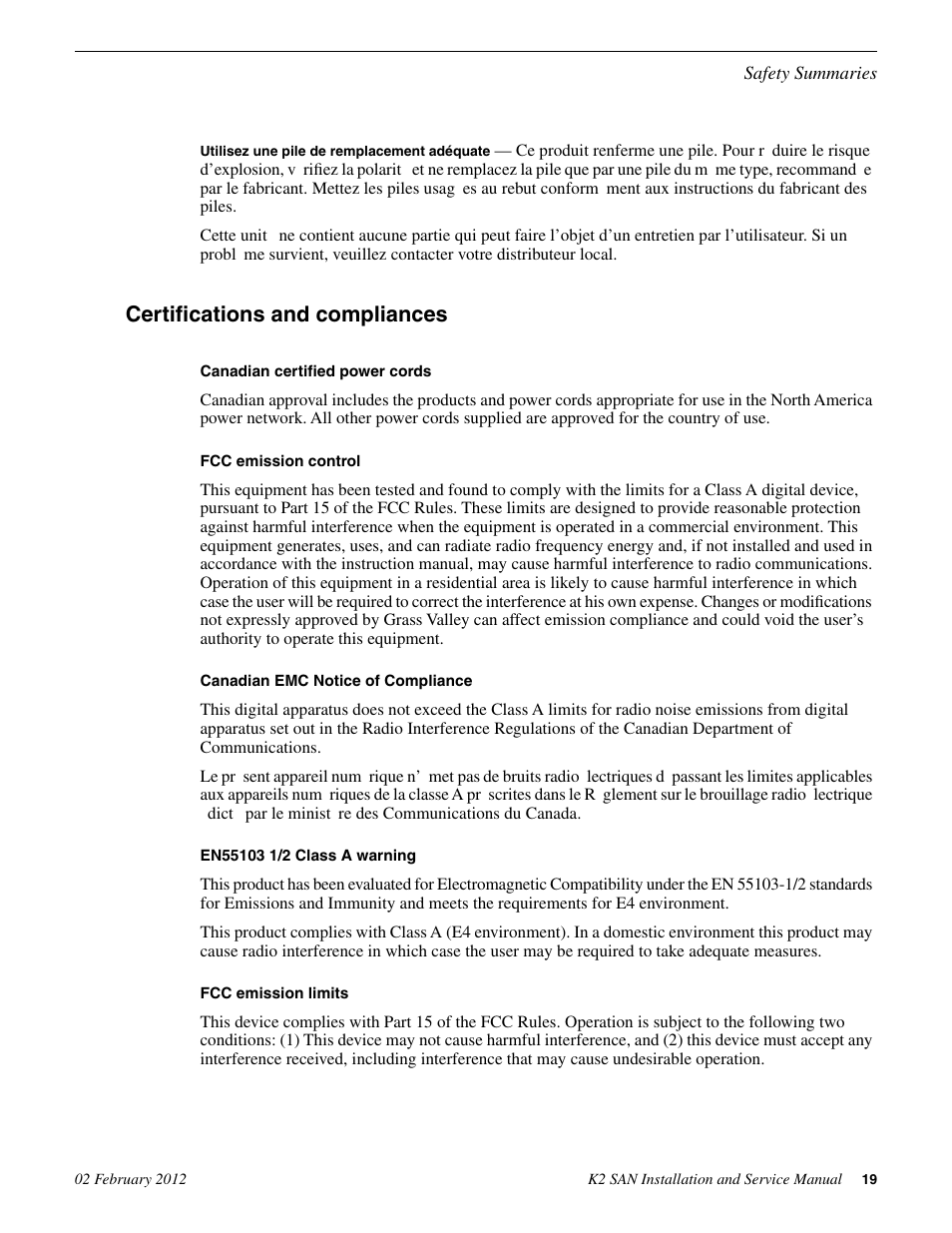 Certifications and compliances | Grass Valley K2 (Summit 3G) 10Gv2 Storage Area Network Installation v.8.1 User Manual | Page 19 / 366