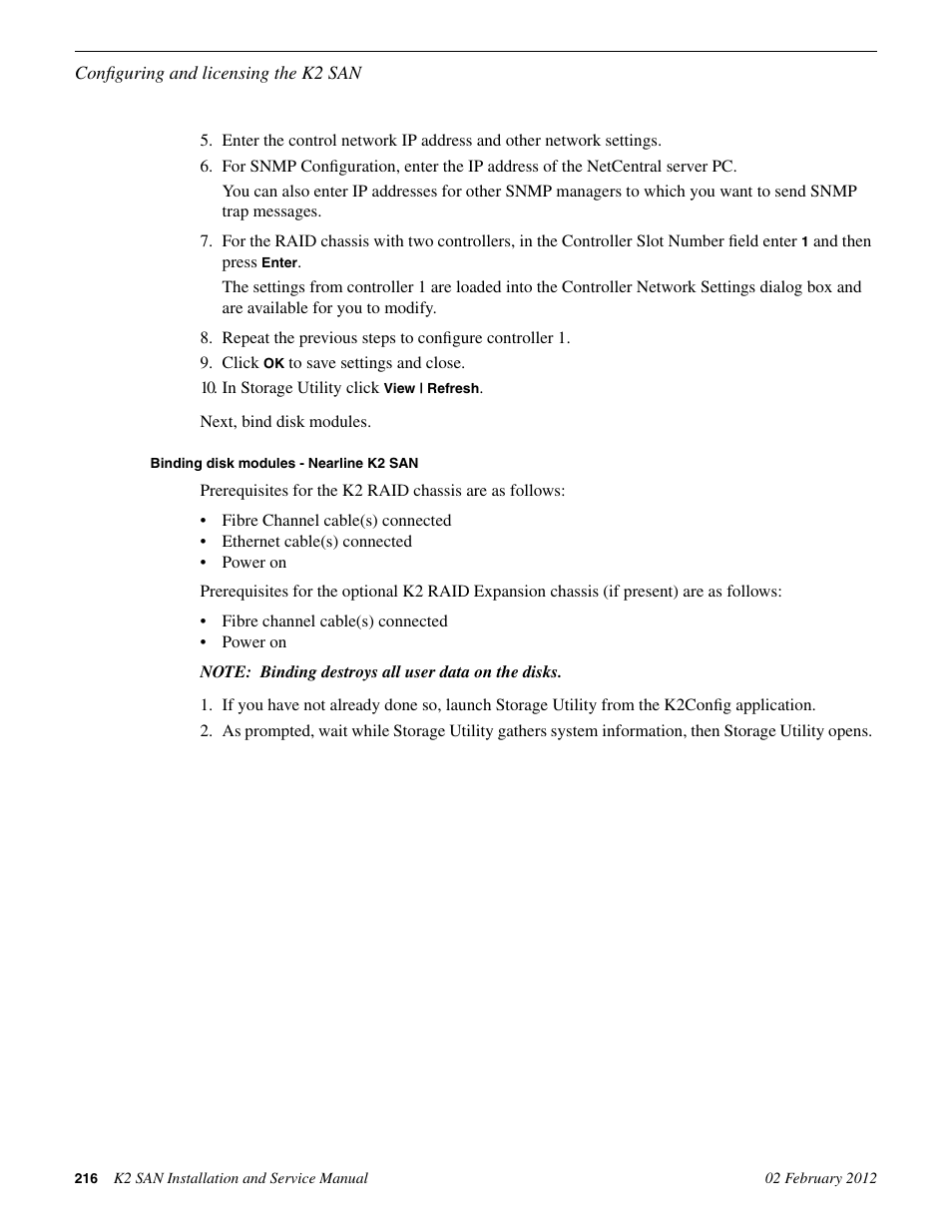 Binding disk modules - nearline k2 san | Grass Valley K2 (Summit 3G) 10Gv2 Storage Area Network Installation v.8.1 User Manual | Page 216 / 366