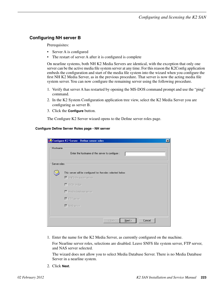 Configuring nh server b | Grass Valley K2 (Summit 3G) 10Gv2 Storage Area Network Installation v.8.1 User Manual | Page 223 / 366