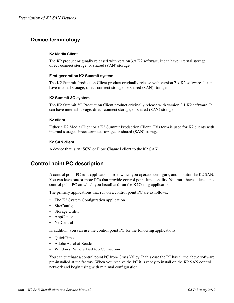 Device terminology, Control point pc description, Device terminology control point pc description | Grass Valley K2 (Summit 3G) 10Gv2 Storage Area Network Installation v.8.1 User Manual | Page 258 / 366