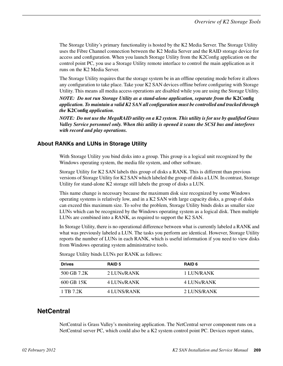 About ranks and luns in storage utility, Netcentral | Grass Valley K2 (Summit 3G) 10Gv2 Storage Area Network Installation v.8.1 User Manual | Page 269 / 366