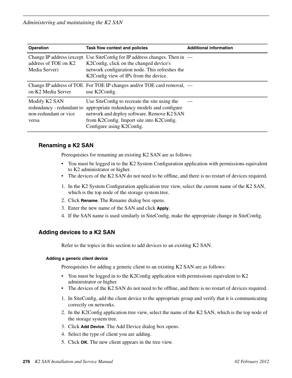 Renaming a k2 san, Adding devices to a k2 san, Adding a generic client device | Renaming a k2 san adding devices to a k2 san | Grass Valley K2 (Summit 3G) 10Gv2 Storage Area Network Installation v.8.1 User Manual | Page 276 / 366