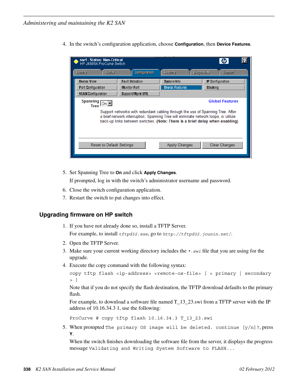 Upgrading firmware on hp switch | Grass Valley K2 (Summit 3G) 10Gv2 Storage Area Network Installation v.8.1 User Manual | Page 338 / 366