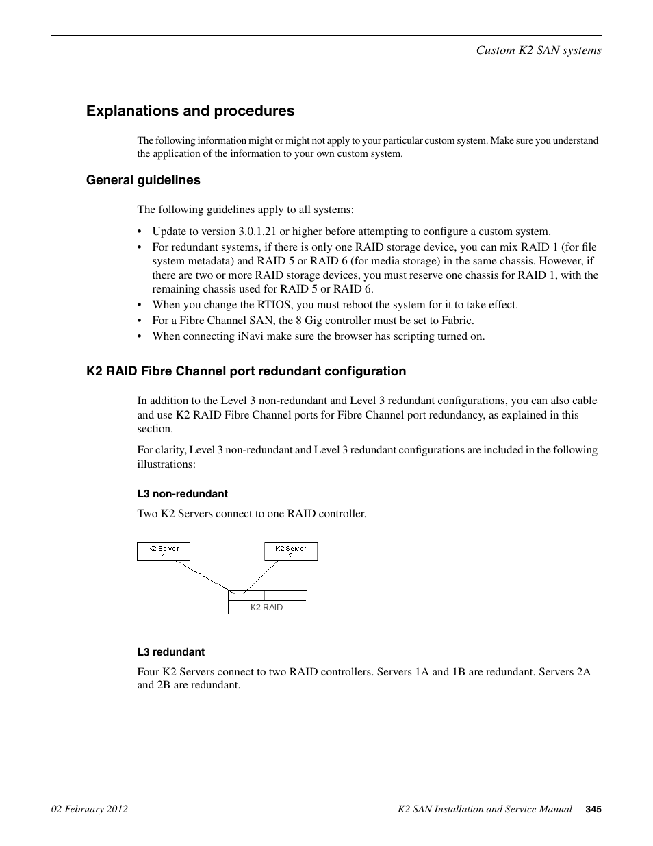 Explanations and procedures, General guidelines, K2 raid fibre channel port redundant configuration | Grass Valley K2 (Summit 3G) 10Gv2 Storage Area Network Installation v.8.1 User Manual | Page 345 / 366