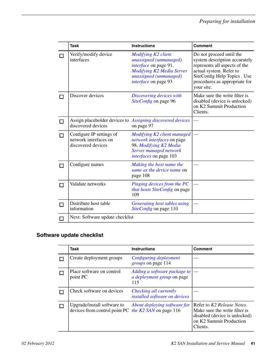 Software update checklist | Grass Valley K2 (Summit 3G) 10Gv2 Storage Area Network Installation v.8.1 User Manual | Page 41 / 366