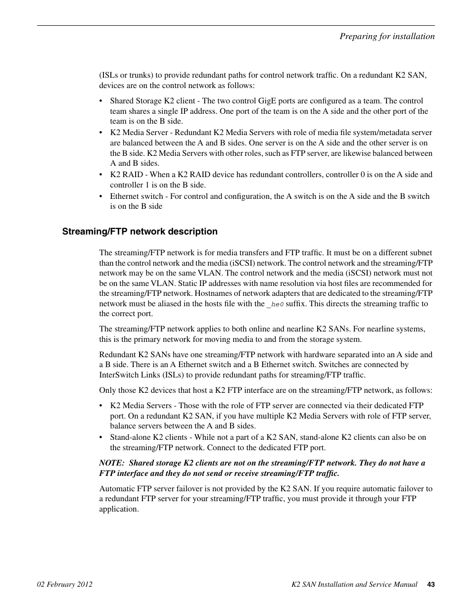 Streaming/ftp network description | Grass Valley K2 (Summit 3G) 10Gv2 Storage Area Network Installation v.8.1 User Manual | Page 43 / 366